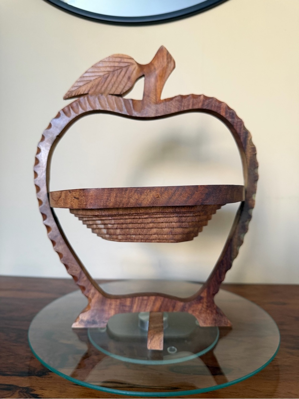 Vintage Hand Carved Wooden Apple Collapsible Basket Boho Kitchen Decor Trivet